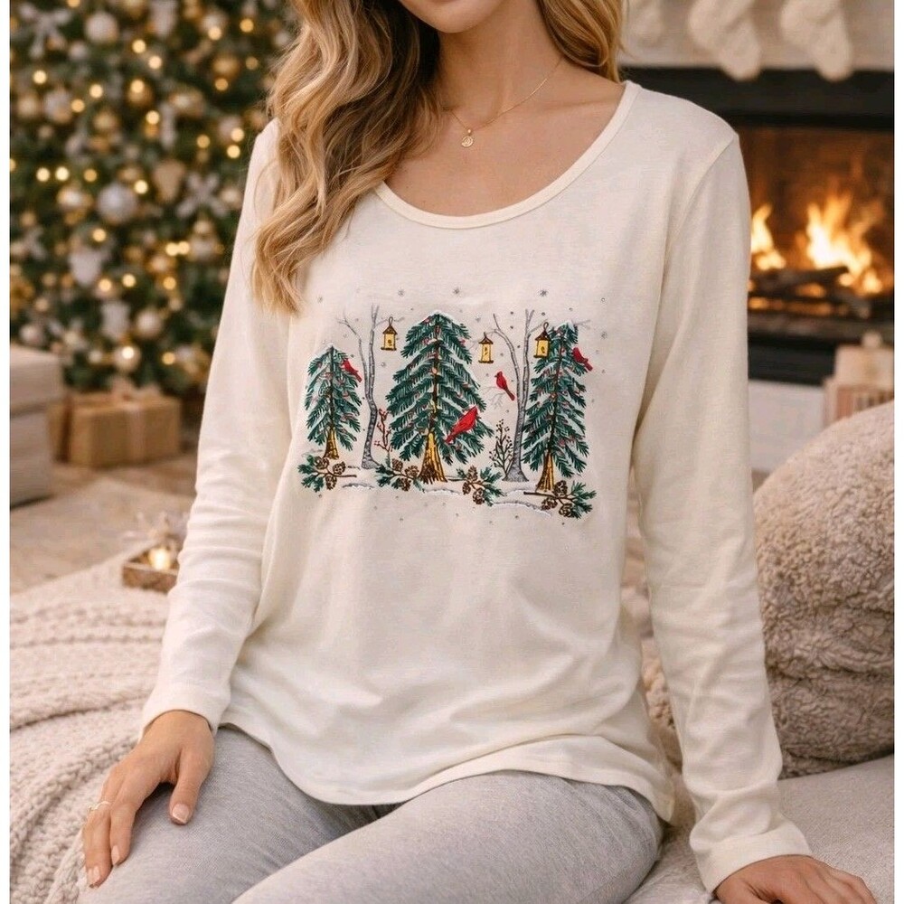Quacker Factory Women’s 2X Ivory Cream Embroidered Trees Cardinals Soft Knit Top